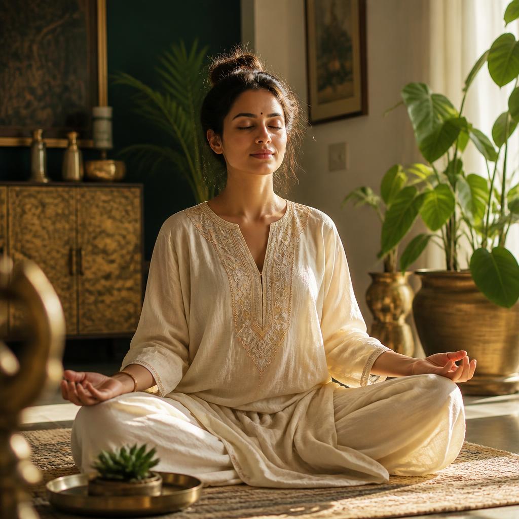A woman meditating calmly at home in morning light